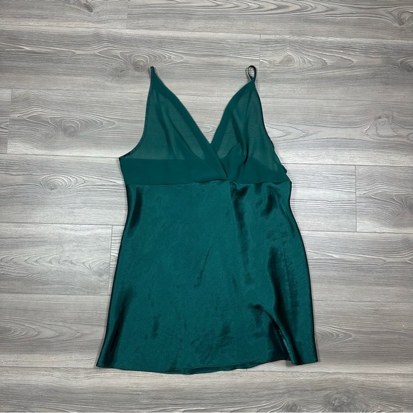 Green Satin Mesh Slip Dress Deep V Mini Y2K Holiday Party Cocktail Dress L - Picture 1 of 4